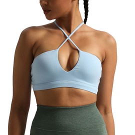 Aoxjox Women's Workout Sports Bras Jamie Deep V Fitness Backless Padded Training Gym Bra Yoga Crop Tank Top (Airy Blue, X-Small)