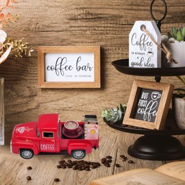 Coffee Bar Decor Vintage Mini Metal Coffee Truck Decor with Coffee Sign and Book Accessories for Coffee Station,Farmhouse Tiered Tray Table Decorations for Home Kitchen, Office, Cafe (Red-Coffee)