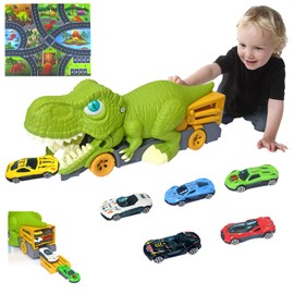Johehe Dinosaur Transport Truck with 6 Metal Cars and Activity Play Mat, 8 in 1 Dinosaur Truck and Car Toys for Toddler Playset, Dino Carrier Truck Toys for 3+ Year Old Boys and Girls