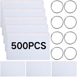 500 Pcs Index Cards with Holes Punched Lined Flash Cards with Rings Metal Rings for Index Cards Ruled Single Hole Note Cards with Rings for Adults Kids Home Classroom Office (White, 5 x 8 Inch)