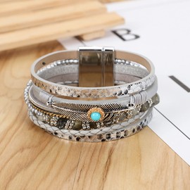 Turquoise Leather Wrap Bracelet Layered Beaded Bracelets for Women Multilayer Feather Cuff Bracelets Bohemian Western Bracelet for Women (grey)