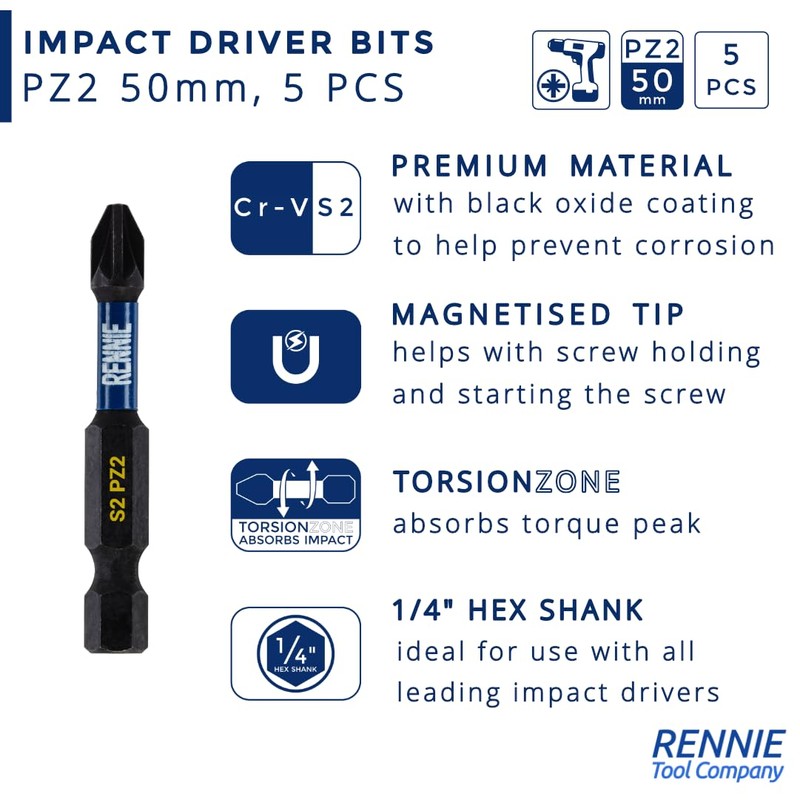 5 x Rennie Tools 75mm Long PH2 Impact Screwdriver Driver