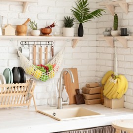 Preboun 6 Pcs Hanging Fruit Hammock for Kitchen Macrame Fruit Basket Under Cabinet 20 x 11.8 Inch, 15.8 x 7.9 Inch Vegetable Banana Holder Handwoven Fruit Net with Banana Hanger and Hooks Boat Rv