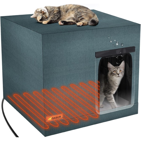 GASUR Large Heated Cat House for Outdoor Cats in Winter, Highly Elevated Base Waterproof & Insulated Feral Cat House, Warm Cat Shelter with Heating Pad Warm House for Outside Stray Barn Cat