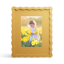 THKRLOF 8x10 Picture Frame with Mat for 5x7, Wavy Edge Wooden Real Glass Photo Frame for Tabletop and Wall Hanging, Yellow, 1 Pack