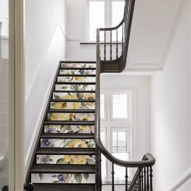 Flortlias 15Pcs Leather Textured Vinyl Peel and Stick Stair Riser Decals, Self-Adhesive Staircase Riser Stickers, 39.37"x7.09" Large Watercolor Vintage Flowers