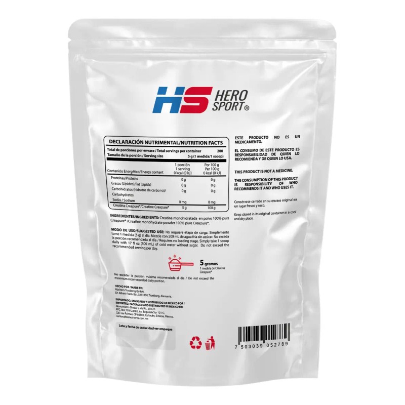 Hero Sport Creatina Monohidratada Creapure 1kg 100 Pura Solo Ingrediente