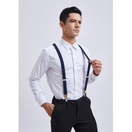 HISDERN Braces for Men Wide 2.5 cm with Very Strong 4 Metal Clips Elastic and Adjustable Men's Braces X-Shape, Suspenders-Navy