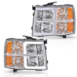 CNNELL LED DRL Tube Headlights w/o Bulb Compatible with Chevy Silverado 1500 2007-2013/Silverado 2500 HD 3500 HD 2007-2014 Clear Lens Chrome Housing Amber Reflector 22853027 GM2503280