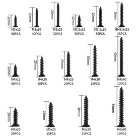 Pack of 420 Self-Tapping Screws, Tapping Screws, Cross Head Black Flat Head Wood Screws, Drywall Furniture Machine Screws Assortment Set - M3/M4/M5