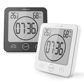 BALDR LCD Waterproof Timer Shower Clock Bathroom Clock Wall Mounted, Displays Time, Temperature, and Indoor Relative Humidity (Black/White)