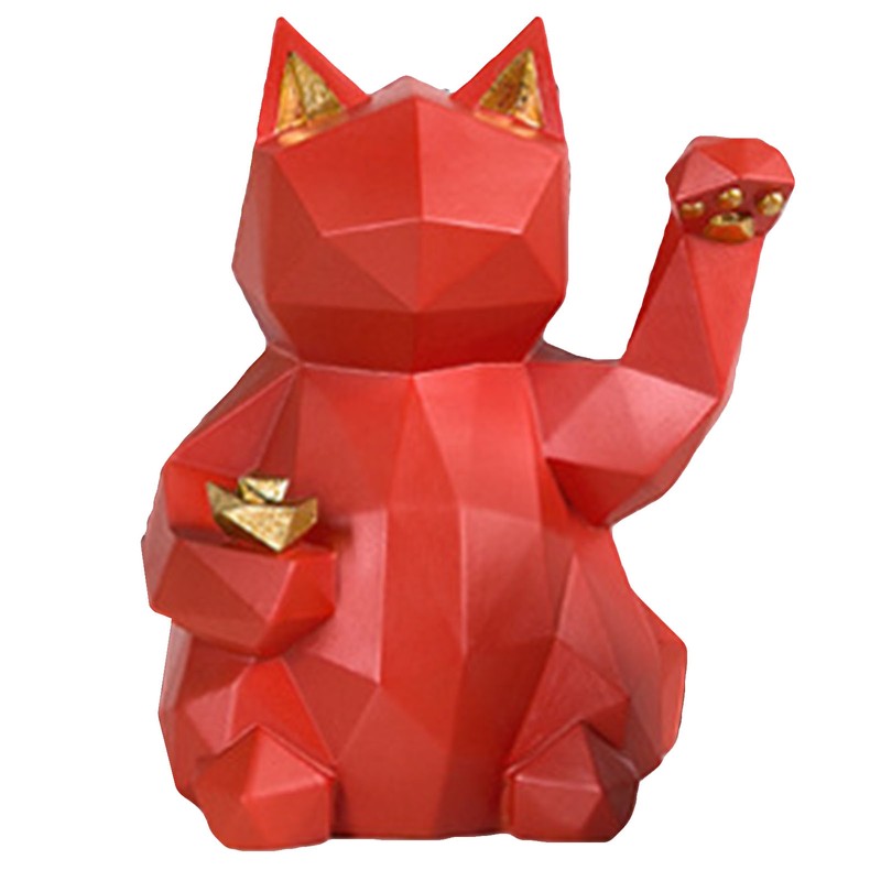 Fortune Cat Figurine Geometry Style Eco Friendly Resin Bright Red