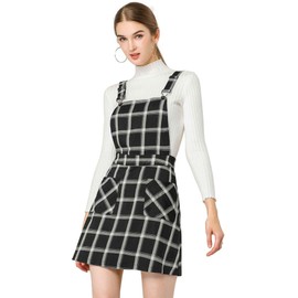 Allegra K Women's Plaid Overall Dress Vintage Checkered Suspender Skirt Short Pinafore Dress Medium Black-White