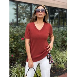 Arach&Cloz Sweater for Women 2025 Summer Fall Fashion Clothes V Neck Short Sleeve Summer Cute Tops Dressy Business Casual Trendy Teacher Outfits Cashmere Shirts Brick Red