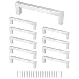 QWORK® Pack of 10 Furniture Handles Silver Kitchen Cupboard Handles Square Handles 304 Stainless Steel with Screws Hole Center 128mm