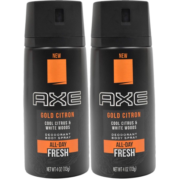 Set of 2 Axe Gold Citron Body Sprays - Cool Citrus and White Woods Scent - All-Day Fresh - 4oz Cans