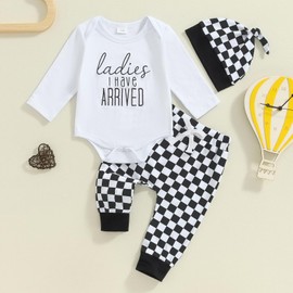 BULINGNA Newborn Baby Boy Coming Home Outfit Long Sleeve Letter Print Romper Checkered Pants Hat infant Checkerboard Outfit (Black, Newborn)