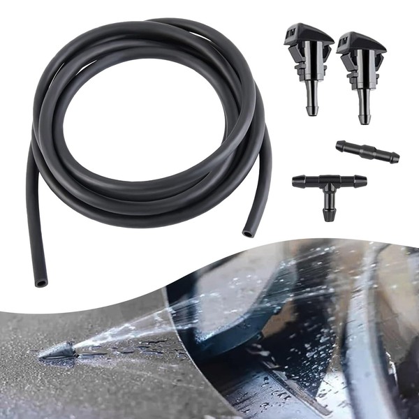 Crynod 5 PCS Car Front Windshield Washer Nozzle Kit, Hose Connector Accessories Replacement, with 2 Rubber Gaskets 6.5Ft /2 Meter Hose 2 Connectors, Compatible with Chrysler Dodge Jeep (Black)