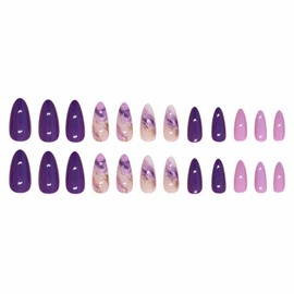 MISUD Press on Nails Medium Almond Fake Nails Glossy Glue on Nails Dark Purple Ombre Acrylic Nails Stiletto Artificial Nails Bling Glitter Stick on False Nails with Design 24 pcs