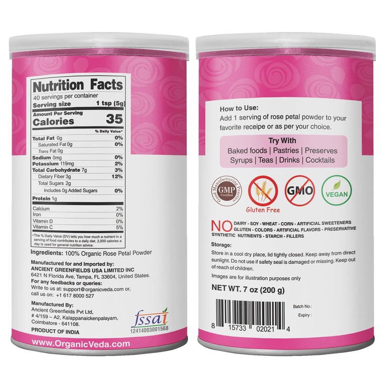 Organic Veda Edible Rose Petal Powder - Organic Rose Petal