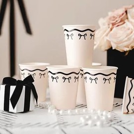 Cream Paper Cups with Black Bows – Pack of 6 Elegant Party Cups for Weddings, Birthdays & Celebrations