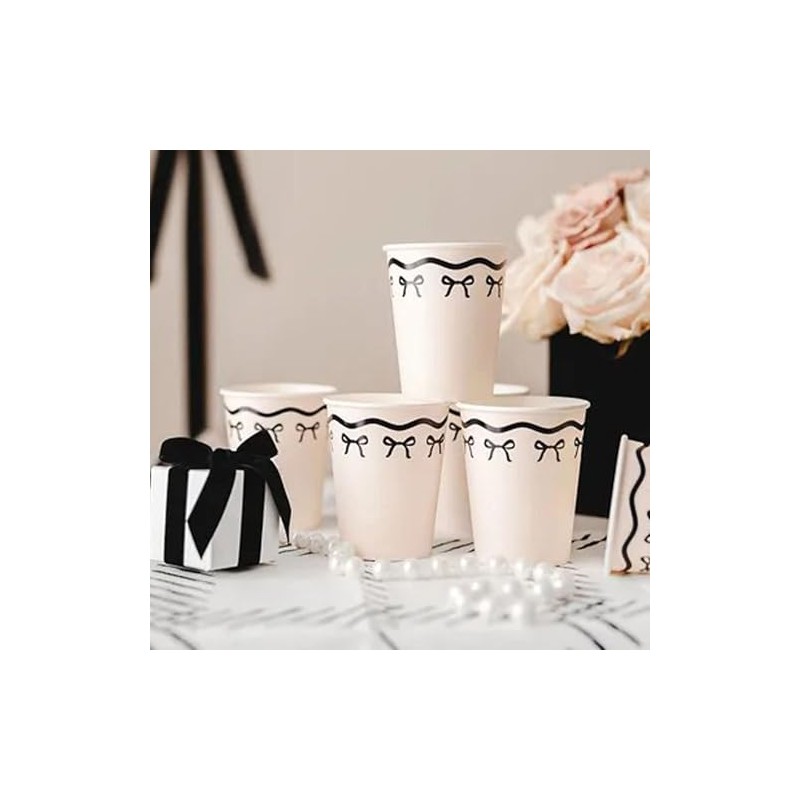 Cream Paper Cups with Black Bows – Pack of 6