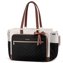 LOVEVOOK Teacher Tote Bag for Women, Work Bags Laptop Bag with Large Cup Holder, Quilted Nurse Bag Diaper Tote with Multi-Pockets, Large Computer Handbag Purse for Bussiness Travel, Office, College