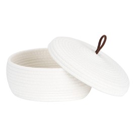 Sea Team Round Cotton Rope Storage Basket with Lid, Decorative Woven Storage Bin, Pot, Caddy, Organizer, Container for Snacks, Towels, Plants, 10 x 4.5 Inches (Small, Shallow, White)