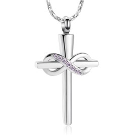 Imrsanl Infinity Love Cross Cremation Jewelry Ashes Religious Cross Urn Pendant Necklace for Women Men Pet Ashes Memorial Keepsake Jewelry (Silver-Purple)