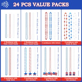 JOYIN 24 Pcs July 4th Assorted Patriotic Necklaces, 8 Styles Plastic Red White Blue Beaded Necklaces with Pendants, Memorial Independence Day Party Parade Dress Up Accessory Supplies