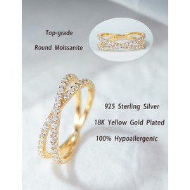 IMOLOVE Moissanite Wedding Band, Criss Cross Ring Wedding Bands for Women Yellow Gold Plated Sterling Silver Eternity Band Rings for Women Stackable Moissanite Eternity Band Rings for Women Size 7.5