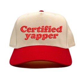 DSY Lifestyle Certified Yapper Two Tone 5 Panel Embroidered Baseball Hat (US, Alpha, One Size, Natural/RED)