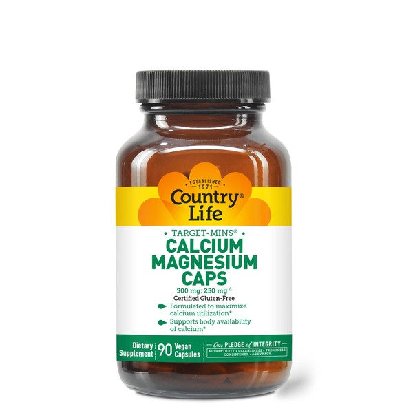 Country Life Target-Mins Calcium Magnesium Caps, 500mg: 250mg, 90 Vegan Capsules, Certified Gluten Free, Certified Vegan