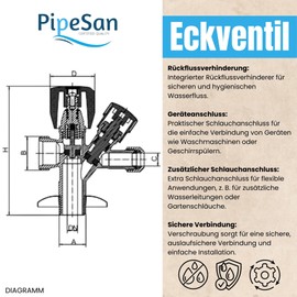 PipeSan Universal Combination Angle Valve 1/2" - 3/8" - 3/4" Made of Brass, Self-Sealing, Corrosion Resistant, Ideal for Washing Machine and Dishwasher Connection