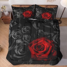WeCozy Comforter Set Full Size with 2 Pillowcases, Red Rose Flower 3 Pcs Bedding for Kids and Adults, Summer Vintage Floral Soft Comforter Set for Bedroom Bed Decor