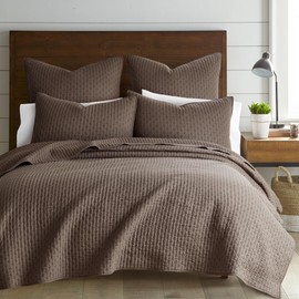 Levtex Home - Cross Stitch Cocoa Quilt Set - 100% Cotton - King/Cal King Quilt (106x92in.) + 2 King Shams (36x20in.) - Reversible - Cotton Fabric