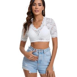 Dosieyeo Women's Dirndl Blouse Lace Dirndl Blouse Short Sleeve Oktoberfest Costume Blouse Elegant Sexy V Neck Lace Blouse, White, XL