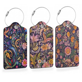 Colorful Boho Floral 3 PCS PU Leather Luggage Tags for Suitcase, Luggage Tag with Privacy Flap, Name ID Label and Metal Loop for Women Men Baggage Handbag School Bag Backpack