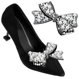 JJUNW 2 pcs pearl bow shoe clips, black rhinestone pointed toe flats heels shoe clips, Detachable shoe decorations clips accessories for Bridal Wedding Party Crystal Shoe Buckles