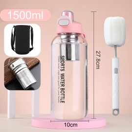1,5 Liter Trinkflasche/Glasflasche mit Filter & Bürste,Transparent Borosilicate Glas Wasserflasche, Auslaufsichere Sportflasche，water bottle für Fitness, Wandern, Camping, Schule & Büro (Pink)
