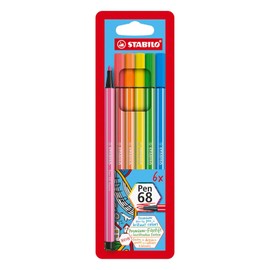 Bolígrafo de punta de fieltro de alta calidad STABILO Pen 68 – portafolios de 6 – Colores neón
