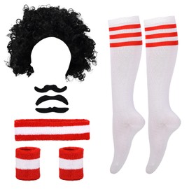 JNAWA 5 PCS Marathon Costume Accessories Set Red Striped Socks Wristband Headband Black Wig and Beard for Men Women Costume Accessory Dressing up Party