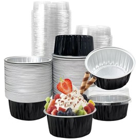 100Pcs Aluminum Cups with Lids,5oz Disposable Ramekin Baking Cups Muffin Liners Mini Pie Pans Foil Cupcake Containers for Christmas Party Wedding Party (Black)
