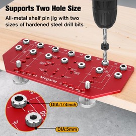 megarte Shelf Pin Jig and Hinge Jig 2-in-1 - Aluminum Alloy Cabinet Woodworking Drilling Hole Template - Shelf Pin Drilling Jig with 1/4" and 5mm Drill Bits - Concealed Hinge Jig for Cabinet Doors
