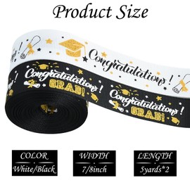 TONIFUL 2 Rolls Graduation Ribbons, 7/8 Inch Total 10 Yards Black/White Grosgrain Ribbon Congrats Grad Ribbon Class of 2024 Ribbons for Graduation Lie Congrats Grad Gift Wrapping Flowers Wrapping