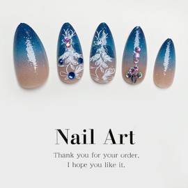 Blue Press on Nails Medium Almond Fake Nails Ombre Acrylic Nails with Luxury 3D Lace Rhinestone Nails Designs Glue on Nails Full Cover Gradation False Nails for Women Manicure 24Pcs