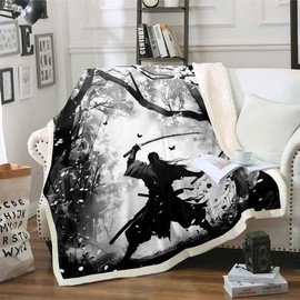 Erosebridal Samurai Print Sherpa Blanket Black and Grey Blanket, Japanese Style Throw Blanket for Chair Oriental Asian Karate Kungfu Fleece Blanket for Boys Men, Eastern Culture Plush Blanket
