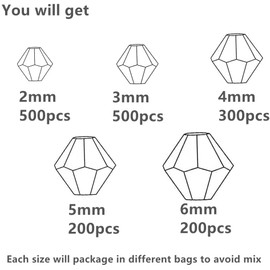 Xinhongo 1700pcs Clear Bicone Crystal Beads 2mm 3mm 4mm 5mm 6mm Crystal Glass Beads Bulk Faceted Bicone Crystal Glass Beads for Necklace Bracelet Earrings DIY Jewelry Crafts Making Supplies