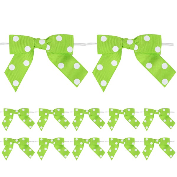 AIMUDI Apple Green Ribbon Bows with White Polka Dots 3.5" Premade Lime Green Bows for Halloween Pre-Tied Lime Green Twist Tie Bows for Treat Bags Small Bows for Crafts, Party Favors - 12 Counts