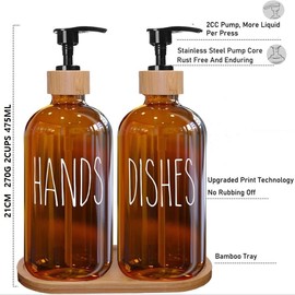 Soap Pump Dispenser Set, Refillable Dispensers for Shampoo, Soap with Bamboo Pumps and Tray, Liquid Soap Dispenser Suitable for Kitchen Countertop & Bathroom, Amber Coloured 16 OZ (2 Packs)